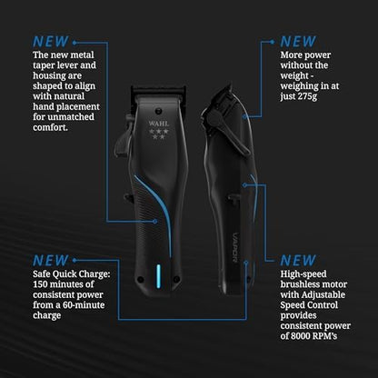 Wahl Professional Vapor hair clipper unboxed with six premium cutting guide attachment combs.
