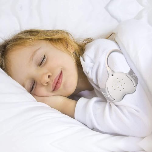 Rechargeable bedwetting alarm system with vibration and sound alert modes.