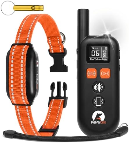 PaiPaitek humane dog training collar with remote illustrating the prongless flat safety design.