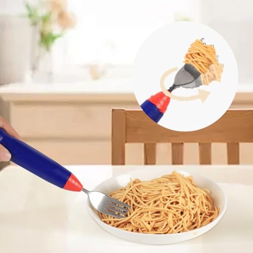 Blue electric spaghetti fork for kids with red button