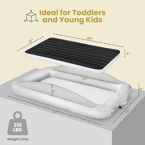 ELTOW toddler blow up bed with tucked in sheets showing side rail safety features