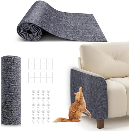 Peel and stick cat scratch carpet being applied to protect the side panel of a fabric living room sofa.