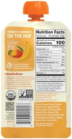 Peter Rabbit Organics squeezable healthy snack pouch packaging details and nutritional facts label