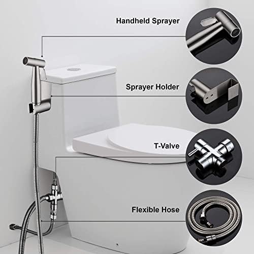 Flexible metal bidet hose connected to brass T-adapter valve