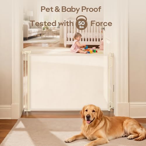 Durable scratch resistant mesh fabric of the Spaceany infant gate blocking a kitchen entrance