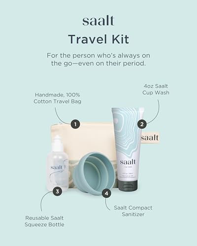 Saalt compact sanitizer and squeeze bottle displayed for portable menstrual cup cleaning.