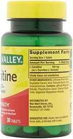 Spring Valley 500 mg L-Carnitine tablet bottle back label details