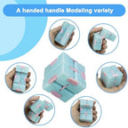 Pocket sized blue mechanical desk puzzle being folded single handedly to improve work focus.