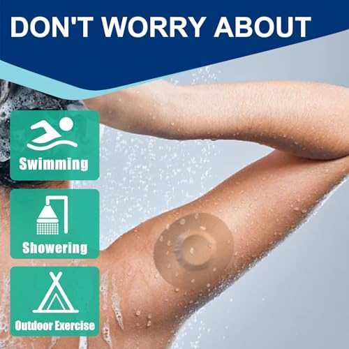Waterproof and sweatproof cotton adhesive patch applied securely on an arm over a continuous glucose monitor sensor.