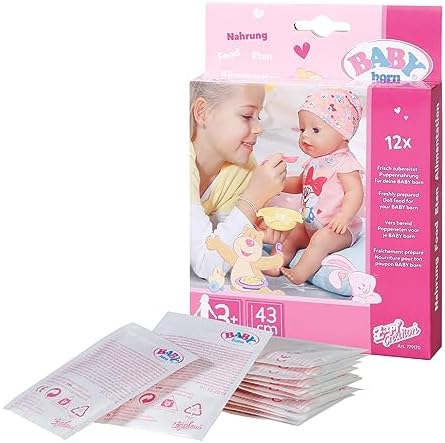 Individual dissolvable doll food packets laid out neatly showcasing the easy mix design