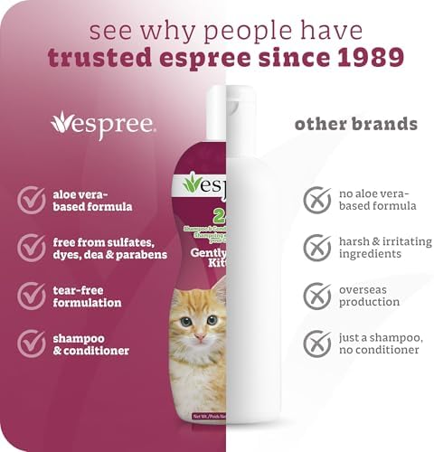 Close-up of Espree gentle kitten shampoo packaging emphasizing the tear-free formula for sensitive eyes.