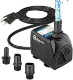 BeGreenPro ultra quiet fountain pump with four interchangeable nozzles displayed side by side