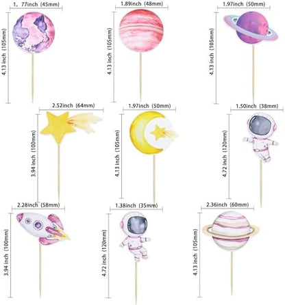 Pink space themed party cupcake toppers with rocket and moon designs