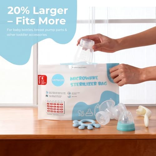 Gemdom sterilizer bag containing baby bottles and breast pump parts.