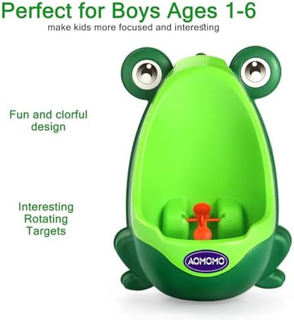 Toddler using green Aomomo frog potty training urinal