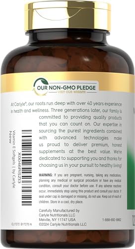 Naturally sourced Carlyle Vitamin E non-GMO and gluten free label detail