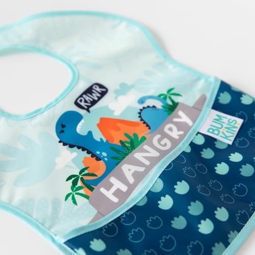 Close up view of the adjustable hook and loop shoulder closure on the Bumkins baby feeding bib
