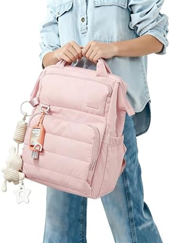 BELALIFE baby diaper backpack showing the built in stroller straps attached to a pram handle.