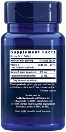Life Extension Gamma E 60 softgels supplement facts label close-up