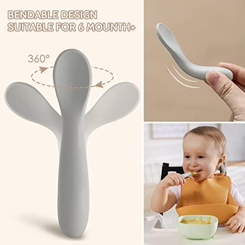 An infant holding the shortened handle of a blue NETANY silicone spoon demonstrating the ergonomic grip.