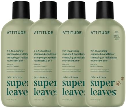 Biodegradable vegan dog and cat shampoo with argan oil ingredient display.