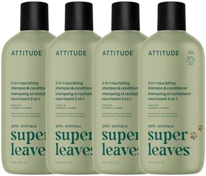 Biodegradable vegan dog and cat shampoo with argan oil ingredient display.