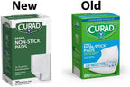 Side panel of Curad non stick pads box detailing application instructions and warnings.