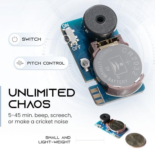 AnnoyingPCB cricket noise maker prank showing the integrated battery compartment and sound selection button