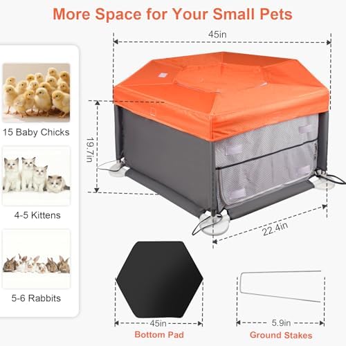 45"x45"x19.7" Sturdy Stainless Steel Frame Small Animal Playpen, Brooder Box for Chicks with Removable Roof & Bottom Pad for Easy Cleaning, Pet Playpen for Ducks, Kittens, Bunnies, Quails, Guinea Pigs - Image 7