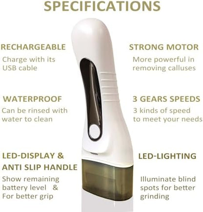 YONGYAO electric foot pedicure kit displaying the integrated vacuum suction system collecting dry skin flakes during use.