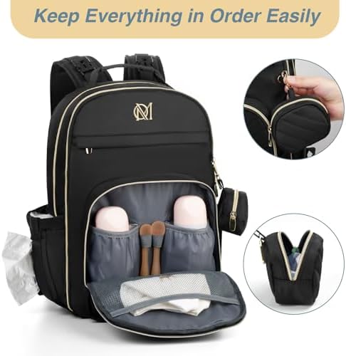 MOMUVO black backpack displayed with changing pad and accessories