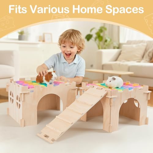 Guinea Pig Hideout, Guinea Pigs House with Stairs and Mats Extra Large Guinea Piggy Castle Detachable Hideouts for Small Animals Wooden Guinea Pig Habitats with Multiple Doors and Windows - Image 3