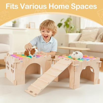 Guinea Pig Hideout, Guinea Pigs House with Stairs and Mats Extra Large Guinea Piggy Castle Detachable Hideouts for Small Animals Wooden Guinea Pig Habitats with Multiple Doors and Windows - Image 3