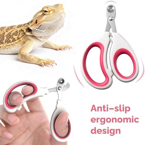 Small pet nail clipper angled view highlighting the durable plastic handles and sharp cutting edge.