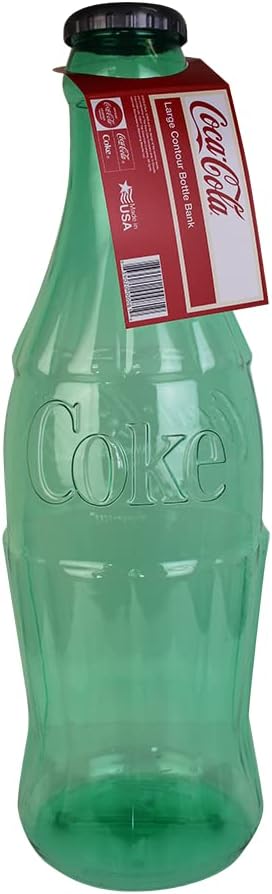 Close-up shot of the top red twist-off lid on the clear American-made plastic Coke bottle bank.