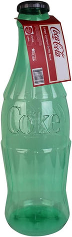 Close-up shot of the top red twist-off lid on the clear American-made plastic Coke bottle bank.