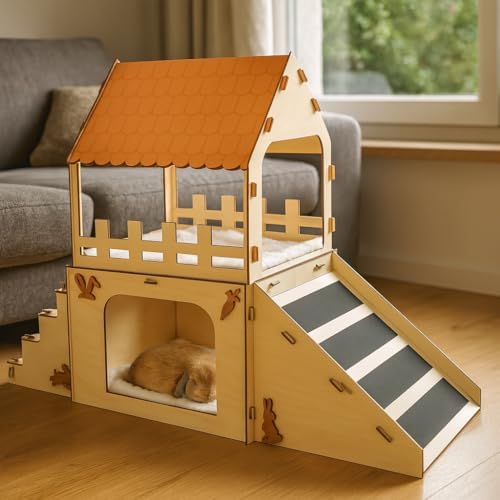 OtterPets Extra Large Bunny Hideout, Cozy Rabbit Castle with Fleece Mats, Wooden Rabbit Hideout, Bunny House Indoor Indoor, Chinchilla, Guinea Pig House (Pet Safe Wood Joints) - Image 7