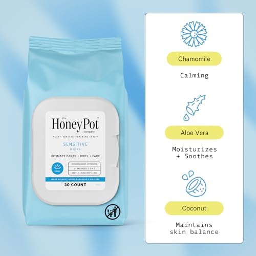 Herbal infused pH balanced intimate wipes for sensitive skin by The Honey Pot Company.