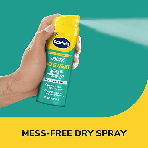 Athletic person using Dr. Scholl's foot spray to prevent blisters.