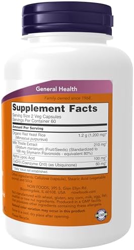 NOW Foods Red Yeast Rice with CoQ10 vegetarian capsules label details.