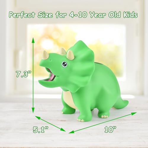 Durable green plastic kids coin counter standing firmly on a nursery desk as room decor.