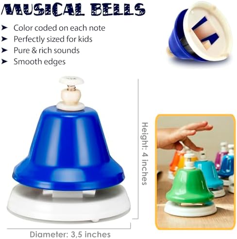 An open fifteen song musical book showcasing color coded notes alongside the vibrant eight note preschool bell set.