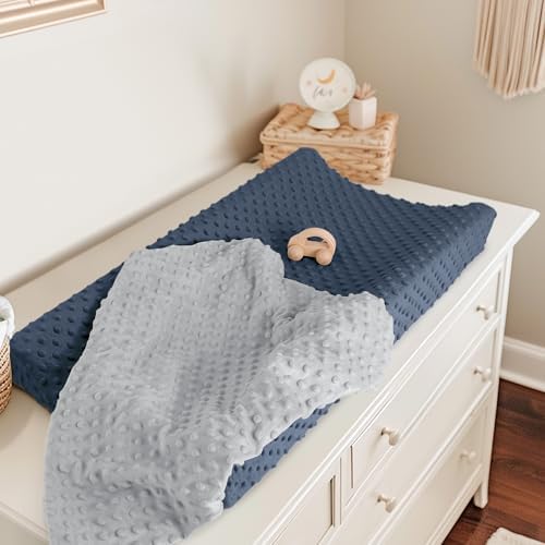 Two pack packaging of the unisex plush changing table covers in grey and blue
