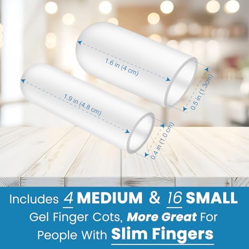 Close up view of clear silicone finger sleeves worn on a hand to protect fingertips.