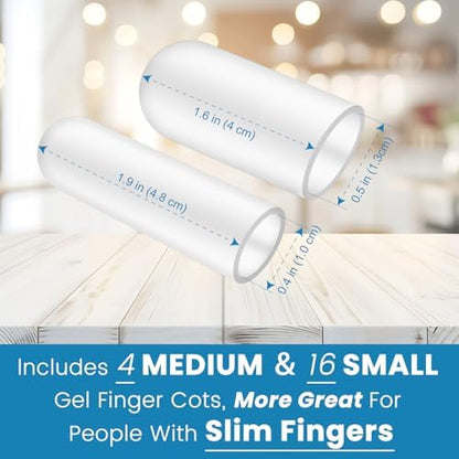 Close up view of clear silicone finger sleeves worn on a hand to protect fingertips.