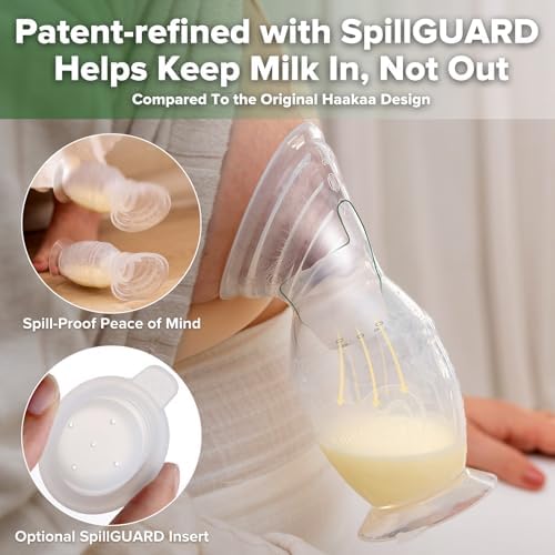 Haakaa manual pump set showing the included silicone flower stopper and SpillGUARD insert.