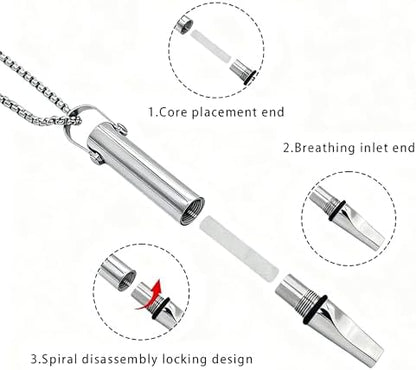 Mindful breathing necklace with replaceable fragrance filter cores for stress relief.