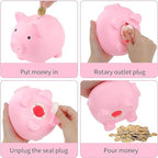 Cute pink animal shaped coin bank styled as home decoration in a colorful playroom setup.