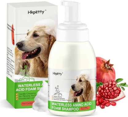 Hkpetty dry shampoo foam for dogs and cats being applied to pet fur.
