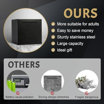 Scale reference of the four point seven two inch durable black savings box illustrating its compact desktop size.